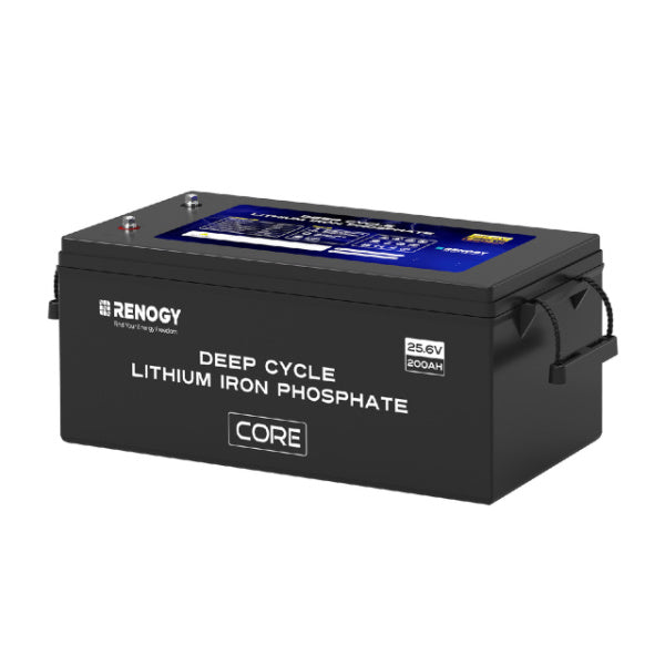A Renogy 240V core series deep cycle lithium battery shown from the front on a white background