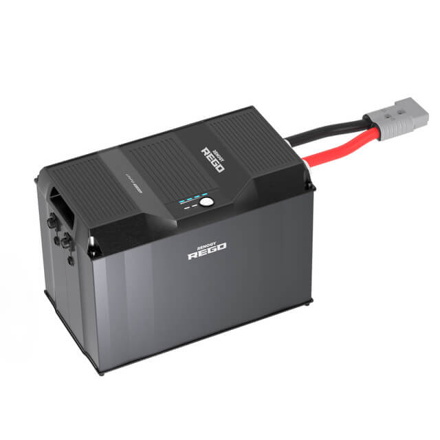 Close-up product image of the Renogy REGO 12V 400Ah battery showing top-side design, indicator lights, and power cables. A red and black high-current connector is visible, with white background.