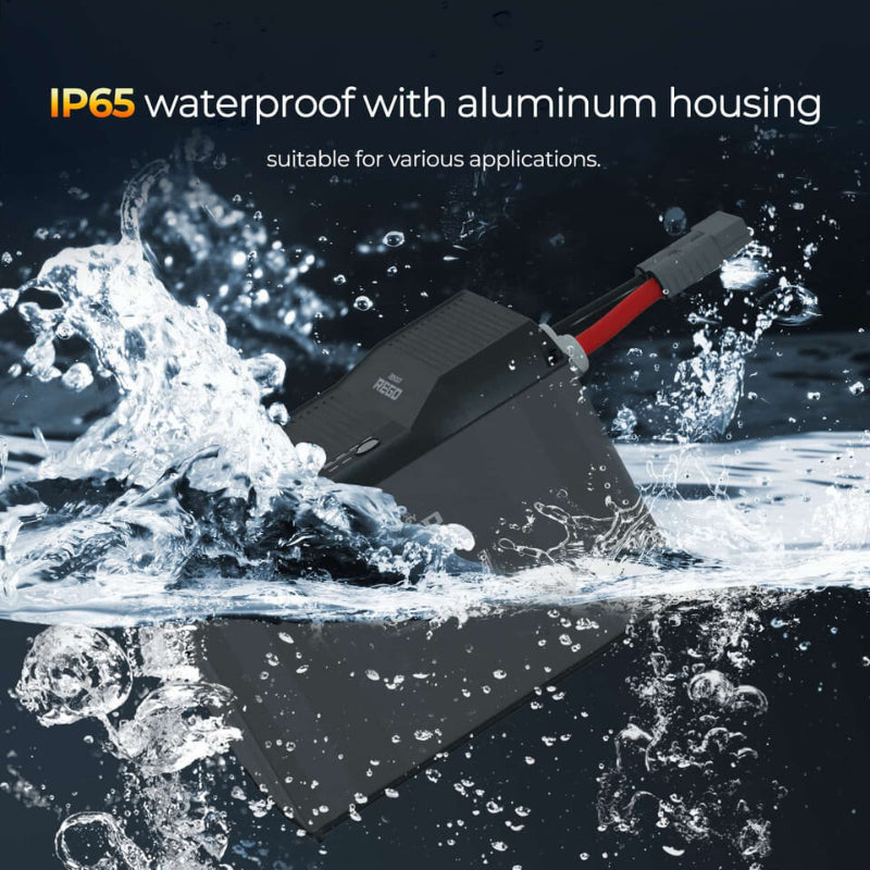 The REGO battery submerged in splashing water, emphasizing its IP65 waterproof aluminum casing suitable for harsh weather or marine environments.