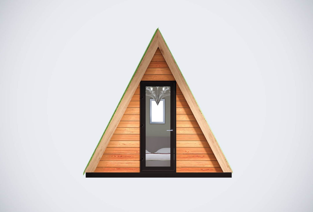 A-frame pod on a plain white background, showcasing its triangular shape and glass entrance.