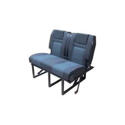 Front view of the Scopema RIB 112cm Altair Bed showing the double seat design with integrated seat belts and sturdy metal base frame, on a white background.