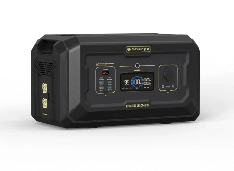 Angled left-side view of the Sherpa Base 2.0-Extra Battery showing the front control panel and extra battery port side, on a white background.