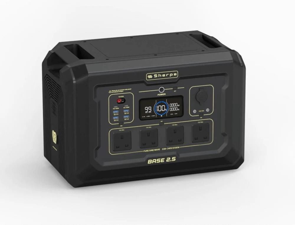 Top angle view of Sherpa BASE 2.5 showing digital screen, outlet array, and handle design, on a white background.