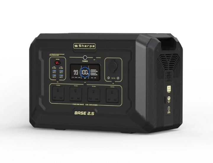 Angled front view of Sherpa BASE 2.5 power station with display, control dial, and 4 AC outlets, on a white background.