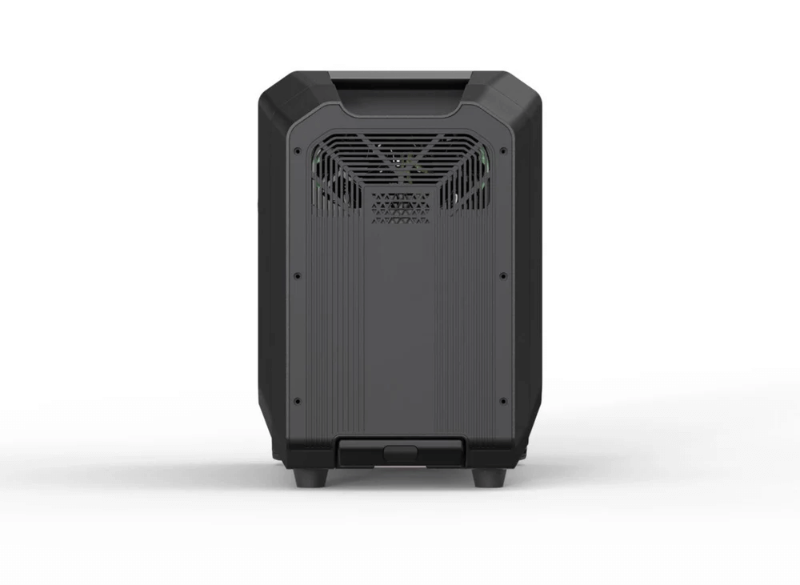 Back panel view of Sherpa Base 5.0 – highlighting airflow vents and structural design with a clean matte black finish and no visible ports.