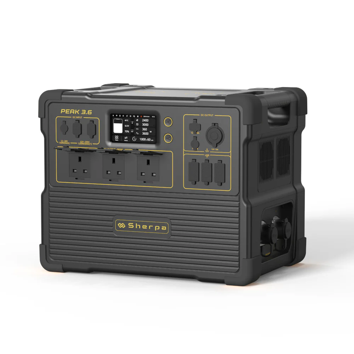 Angled view of Sherpa PEAK 3.6 portable power station showing full outlet interface on a white background.