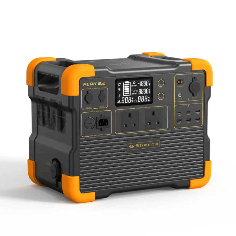 Angled front-right view of the Sherpa Peak 2.2 portable battery with multiple USB ports and side ventilation visible, on a white background.