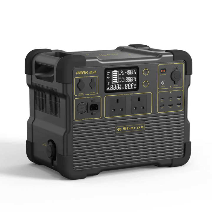 Angled view of the Sherpa Peak 2.2 power station in a black-and-yellow color variant, highlighting its rugged design and full interface panel, on a white background.