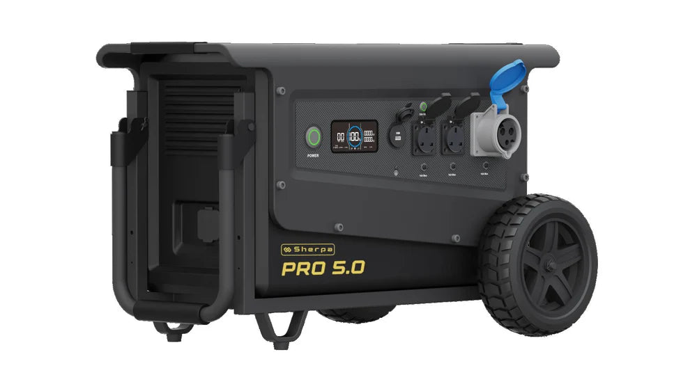 Sherpa Pro 5.0 portable power station angled to show control panel and wheels, on a white background.