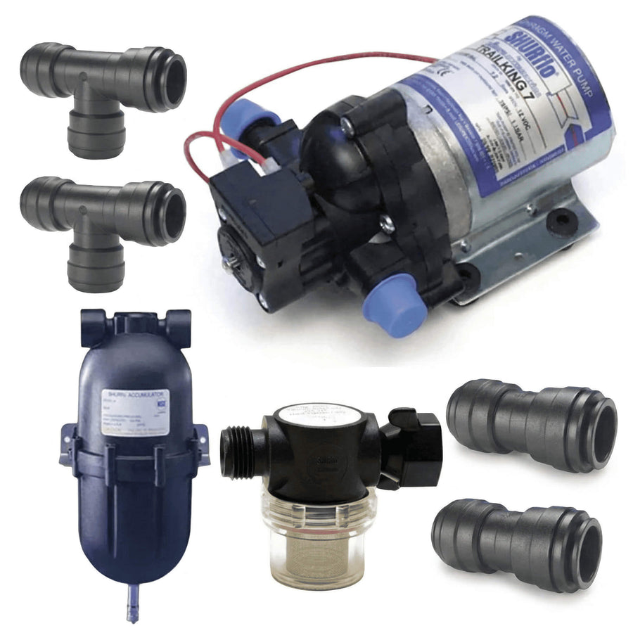 Shurflo 12V Water Pump & Plumbing Campervan Kit including Shurflo Trail King 10L 30PSI 12V water pump, Shurflo pre-charge accumulator 20 PSI, Shurflo pump filter, John Guest 12mm straight connectors and equal tee fittings on a white background.