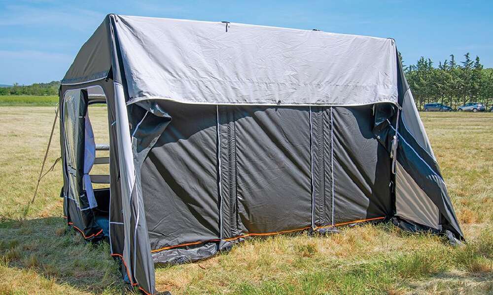 A Soplair Celtis Air driveaway awning shown from the back