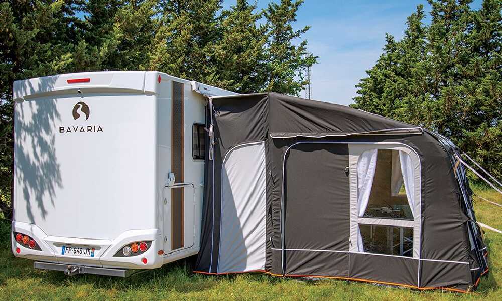 A Soplair Celtis Air driveaway awning connected to a motorhome