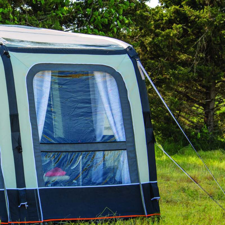 Close up of the front window on an Olea Air Inflatable Caravan Awning