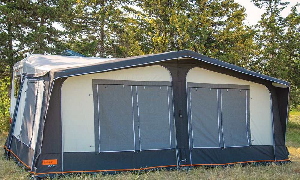 A Soplair Zinnia Air Awning with closed shutters