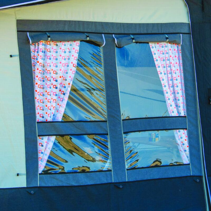 A close up of a window on a Soplair Zinnia Air inflatable caravan awning