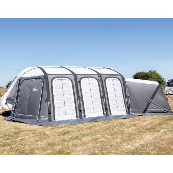 Sunncamp Esteemed Air Full Caravan Awning front entrance view with mesh panels and central doorway visible