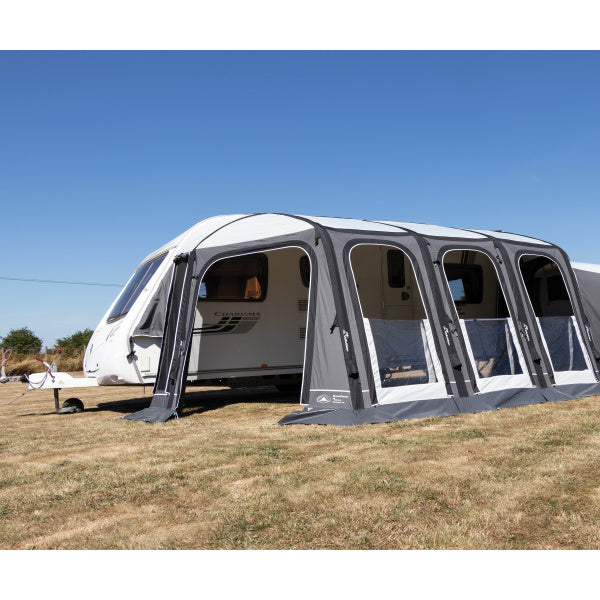 Sunncamp Esteemed Air side view showcasing the complete awning structure with all panels open