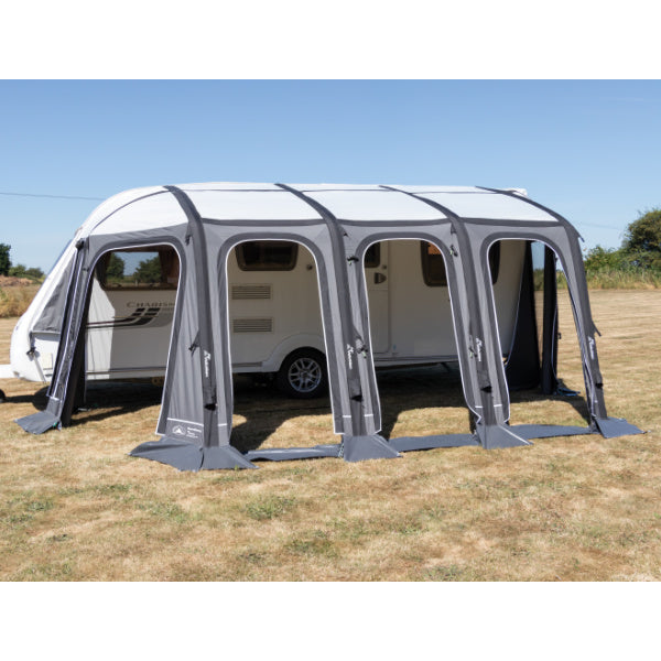 Side profile of Esteemed Air Awning revealing full length attachment to caravan with inflatable support beams