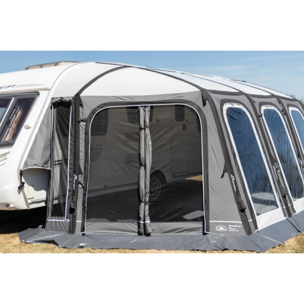 Side angle view of Sunncamp Esteemed Air revealing three panel design and annex attachment