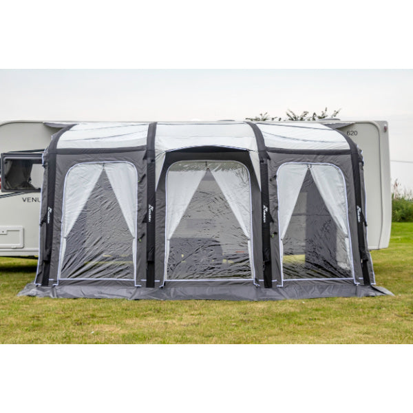 Sunncamp Inceptor Air Extreme 390 showing three main entrance panels with white curtains visible