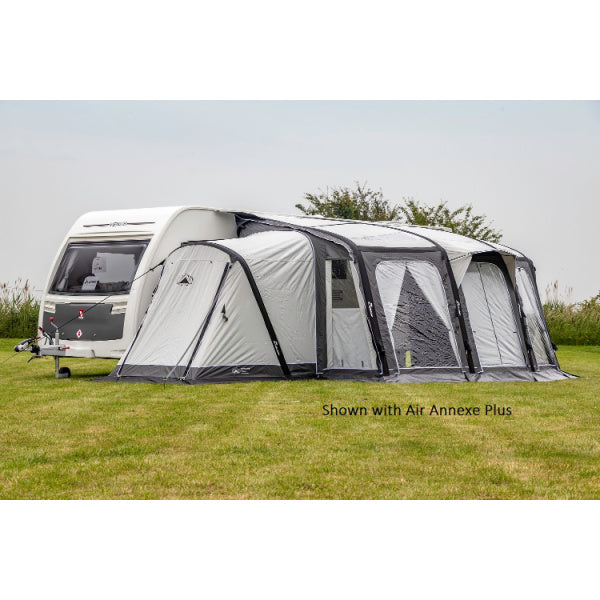 Sunncamp Inceptor Air complete setup with Air Annexe Plus attachment shown on grass field