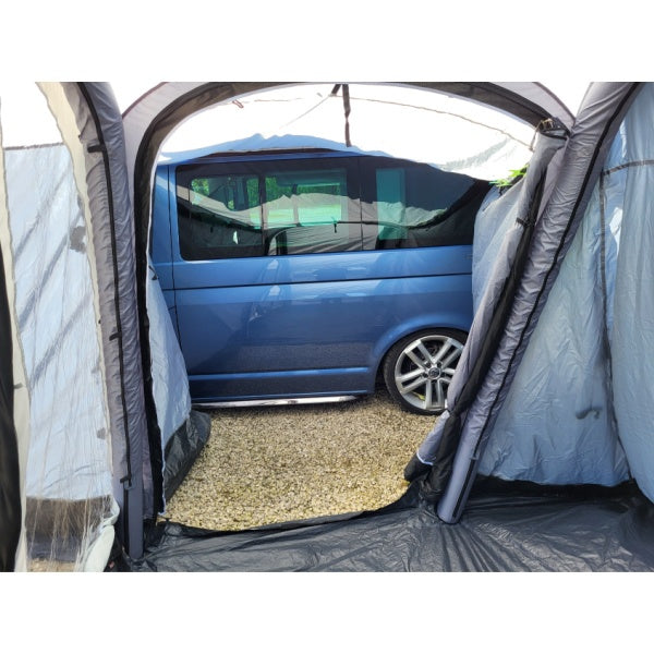 Close-up view of the Sunncamp Swift Motor Air's connection point to the campervan through the awning doorway