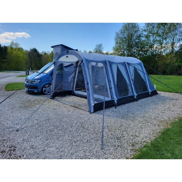 Sunncamp Touring Motor Air Volution fully erected with inflatable beams and vehicle connection point visible