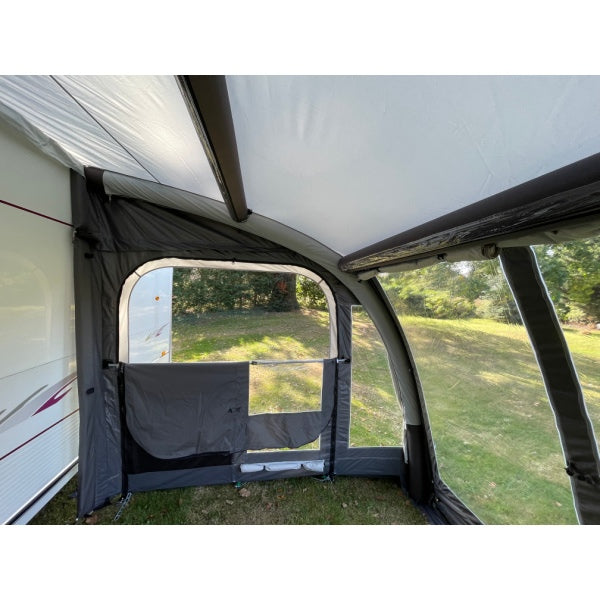 Entrance view of Sunncamp Ultima 260 Air Awning with mesh window panel visible