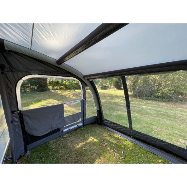 Corner window detail of Sunncamp Ultima Pro Air 260 showing internal frame structure