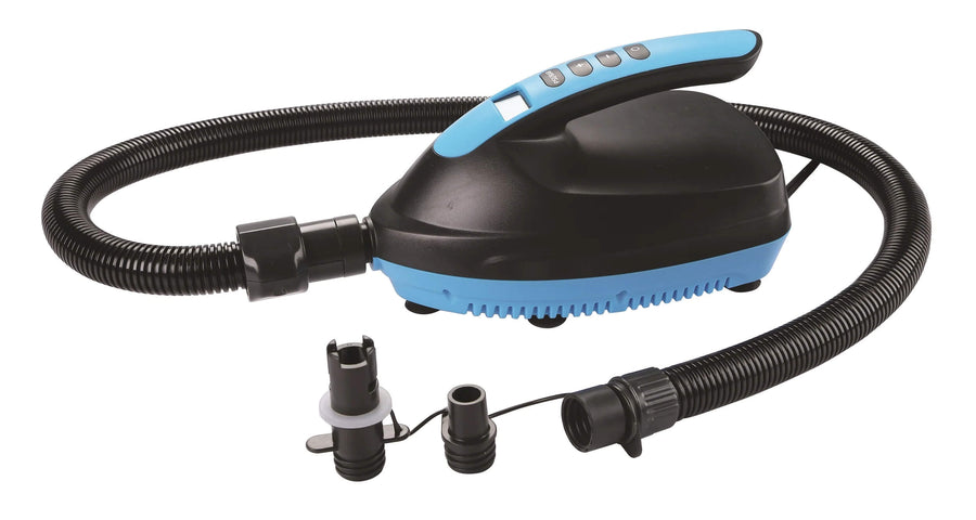 Sunncamp 12v Electric Air Awning Pump black and blue electric pump with hose and nozzles on a white background.