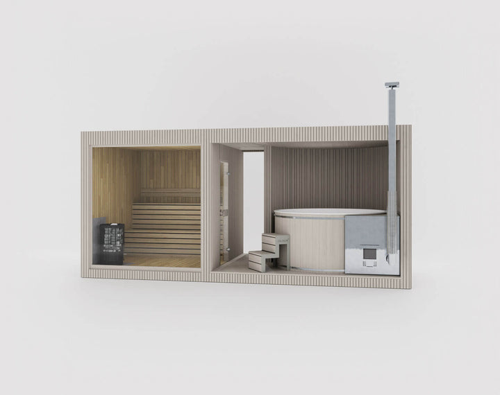 Taurus Classic Outdoor Sauna cutaway layout in beige finish with sauna room and integrated hot tub displayed on a white background.