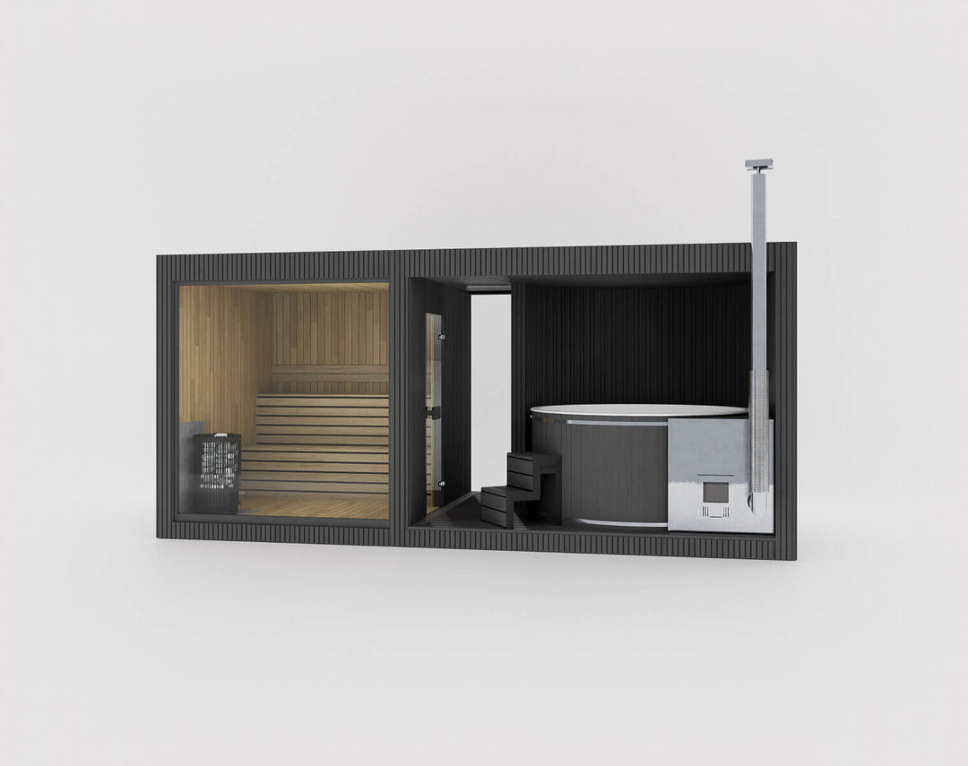 Taurus Classic Outdoor Sauna ebony with sauna room and round hot tub on a white background.