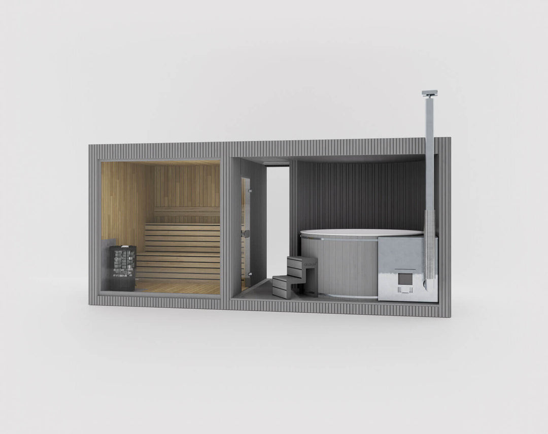 Taurus Classic Outdoor Sauna cutaway layout in  grey finish with sauna interior and hot tub section on a white background.