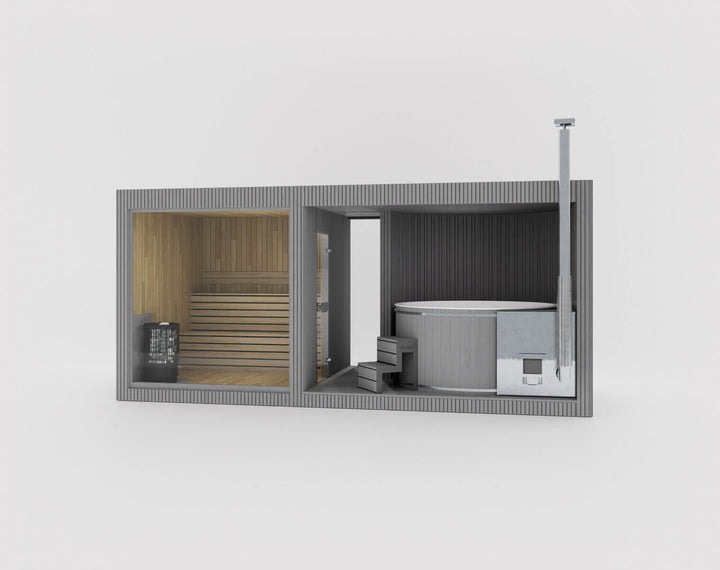 Taurus Classic Outdoor Sauna cutaway layout in  grey finish with sauna interior and hot tub section on a white background.