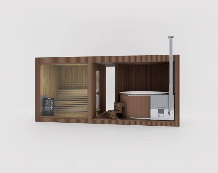 Taurus Classic Outdoor Sauna  teak with sauna interior and hot tub area on a white background.