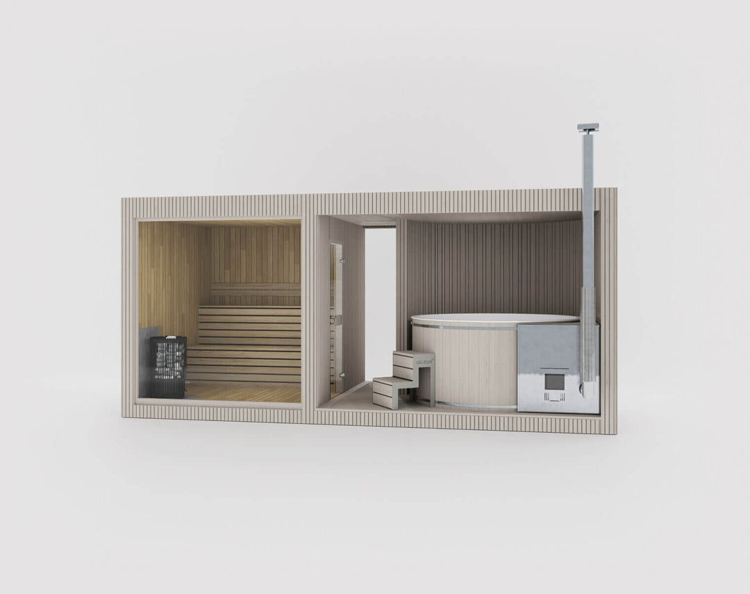 Taurus Grand Outdoor Sauna in beige finish cutaway layout with sauna room and integrated hot tub on a white background.