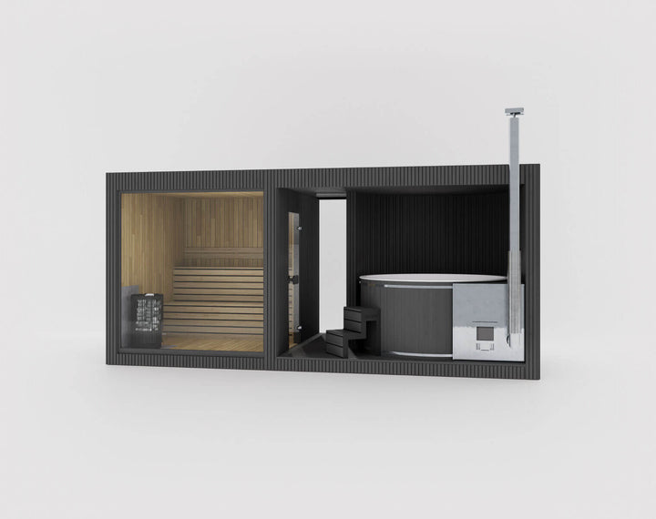 Taurus Grand Outdoor Sauna in ebony finish cutaway layout with glass sauna section and hot tub on a white background.