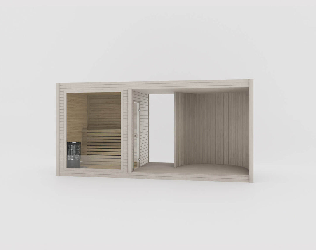 Taurus Modular Air Outdoor Sauna in beige finish with glass sauna room and covered outdoor space displayed on a white background.