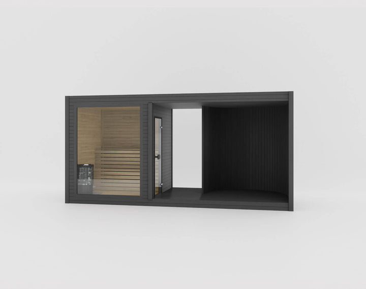 Taurus Modular Air Outdoor Sauna in ebony finish with glass-front sauna and shaded lounge section on a white background.