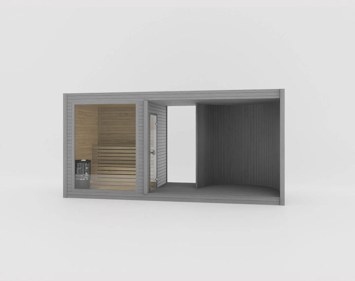 Taurus Modular Air Outdoor Sauna in grey finish featuring glass sauna cabin and covered seating area on a white background.