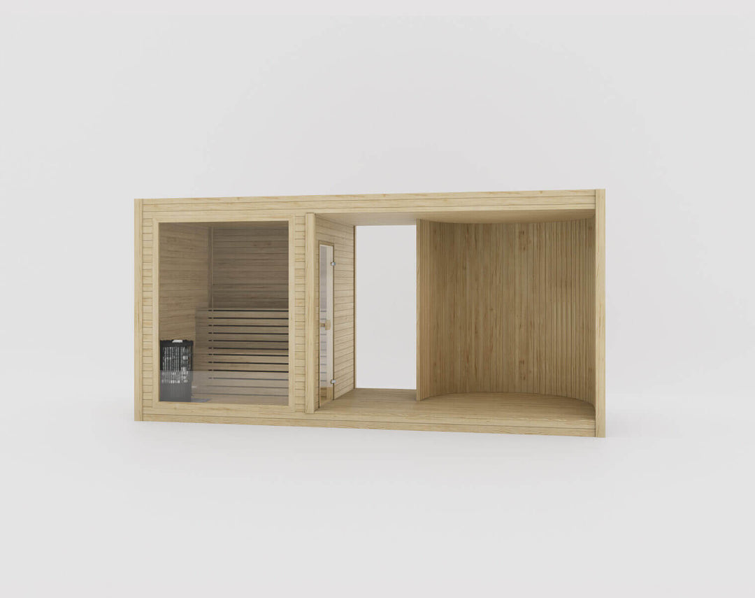Taurus Modular Air Outdoor Sauna in hazel wood finish with glass sauna section and open relaxation space on a white background.