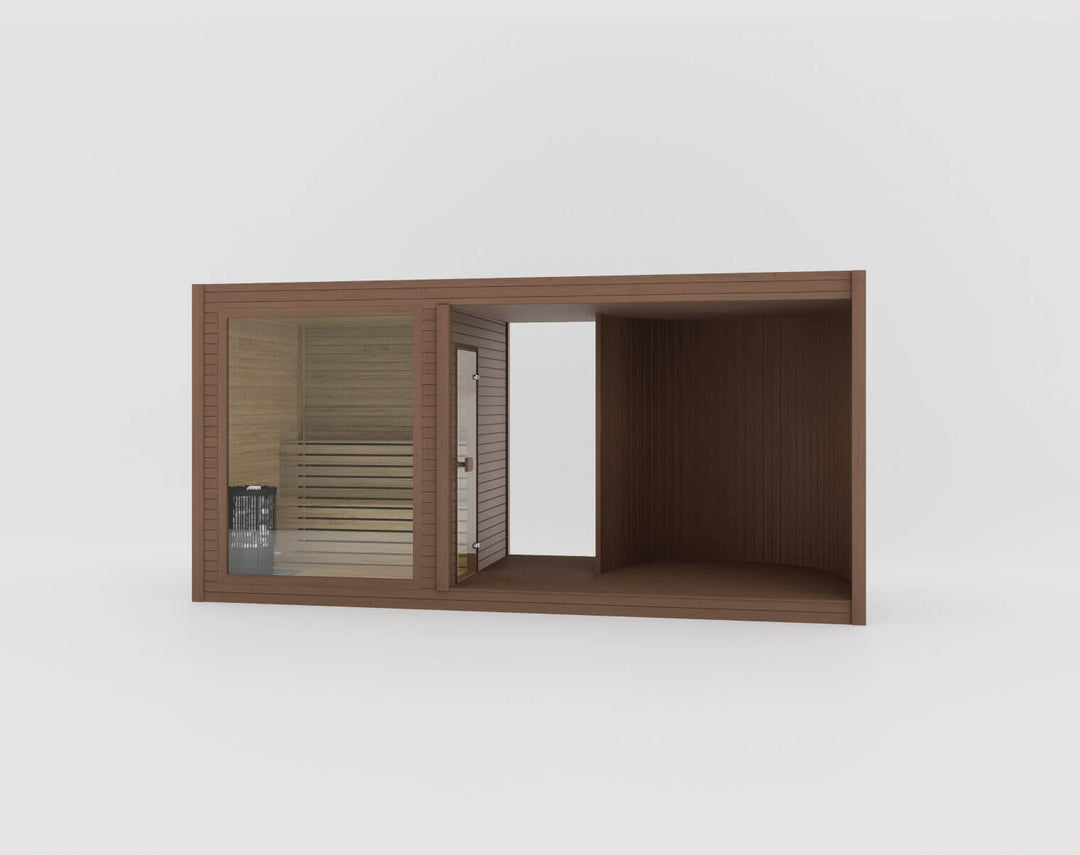 Taurus Modular Air Outdoor Sauna in teak finish with glass-front sauna room and covered lounge area shown on a white background.