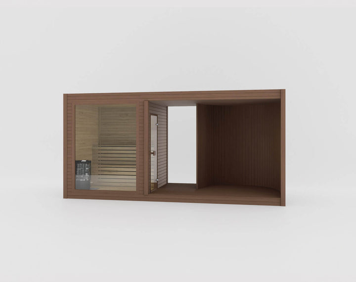 Taurus Modular Air Outdoor Sauna in teak finish with glass-front sauna room and covered lounge area shown on a white background.