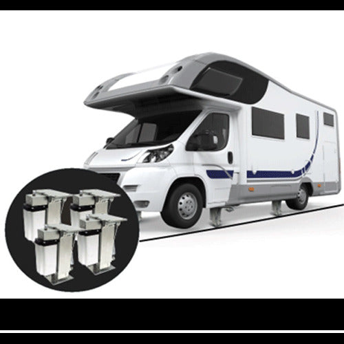 Motorhome fitted with Tesa Autolift4 electric levelling system stabiliser legs and inset image of four levelling jacks on a white background.