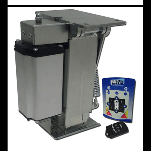 Tesa Autolift4 electric levelling system stabiliser jack with control panel and remote on a white background.