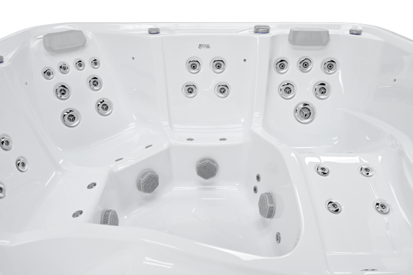 Interior view of the Luso Spas The EQ770 Hot Tub with ergonomic seating and stainless steel jets on a transparent background.