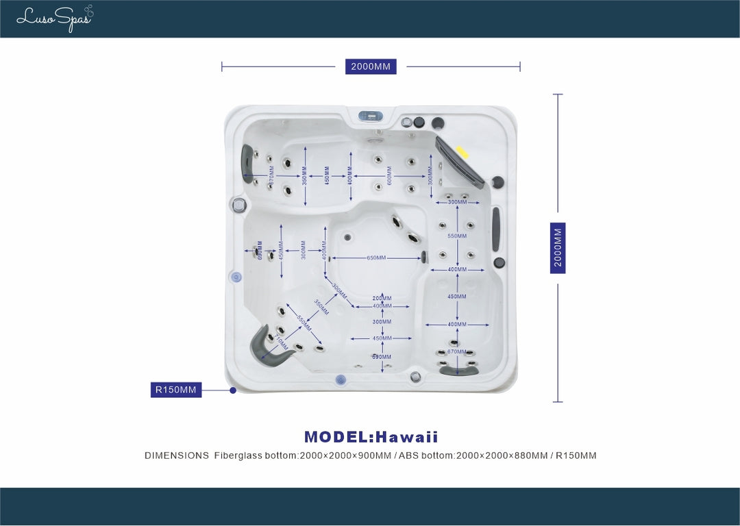 Luso Spas The Hawaii 2 Hot Tub top view showing jet placements and internal dimensions on a white background.