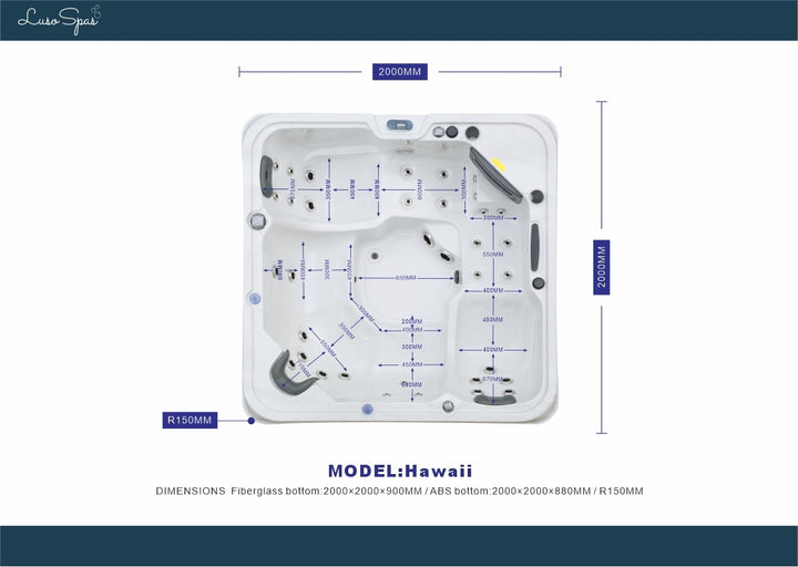 Luso Spas The Hawaii 2 Hot Tub top view showing jet placements and internal dimensions on a white background.