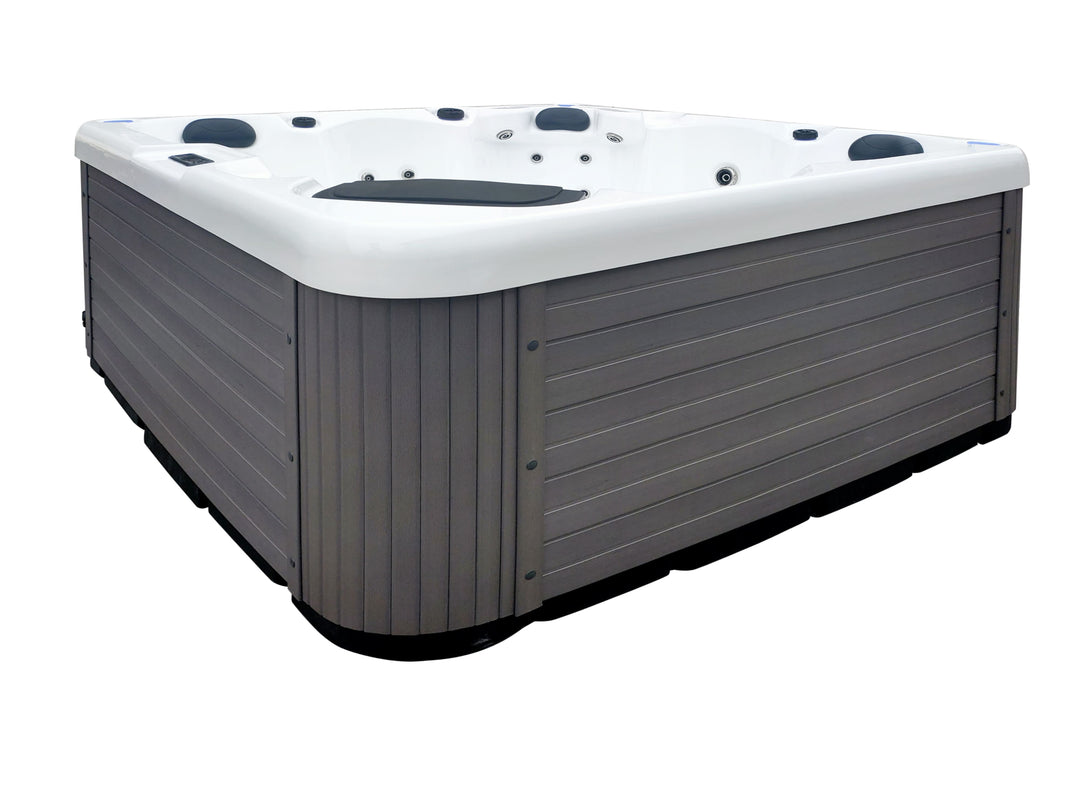 Top-down view of Luso Spas The Opal Plug & Play Hot Tub interior highlighting ergonomic seats, headrests, and jet configuration on a white background.