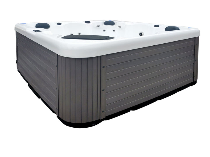 Top-down view of Luso Spas The Opal Plug & Play Hot Tub interior highlighting ergonomic seats, headrests, and jet configuration on a white background.